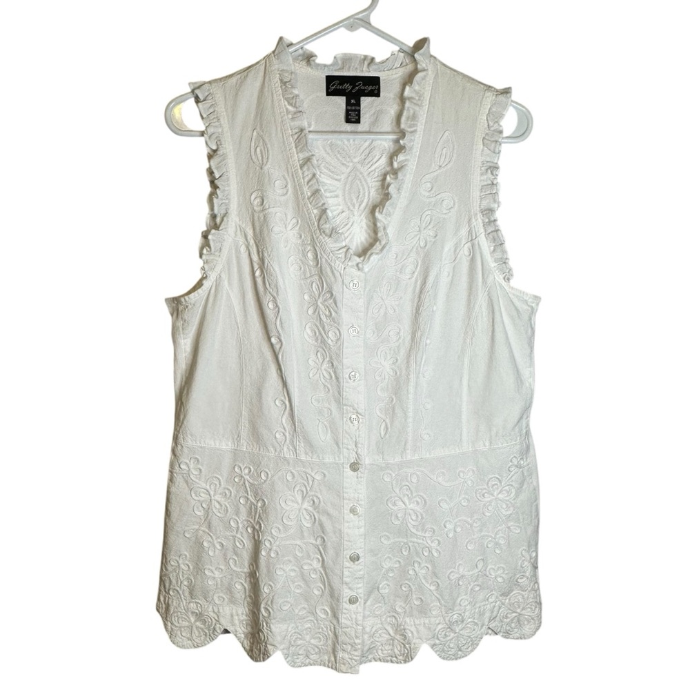 Gretty Zueger Embroidered Cotton Tank XL Boho Cottagecore Eyelet Prairie Ruffle